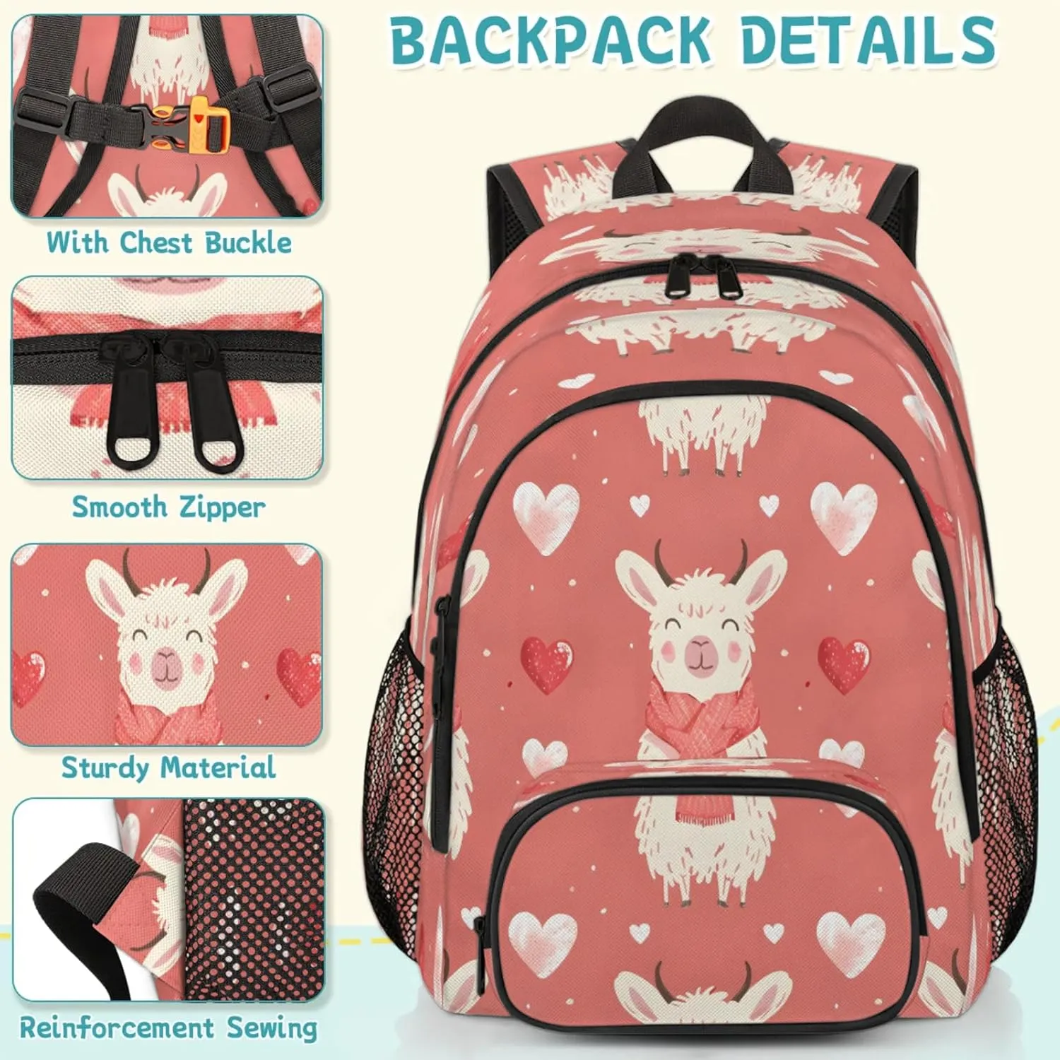 Llama Travel Laptop Backpacks for Women Men, Wildlife Hearts 16.7" Waterproof Back Pack Casual Daypack for Travel