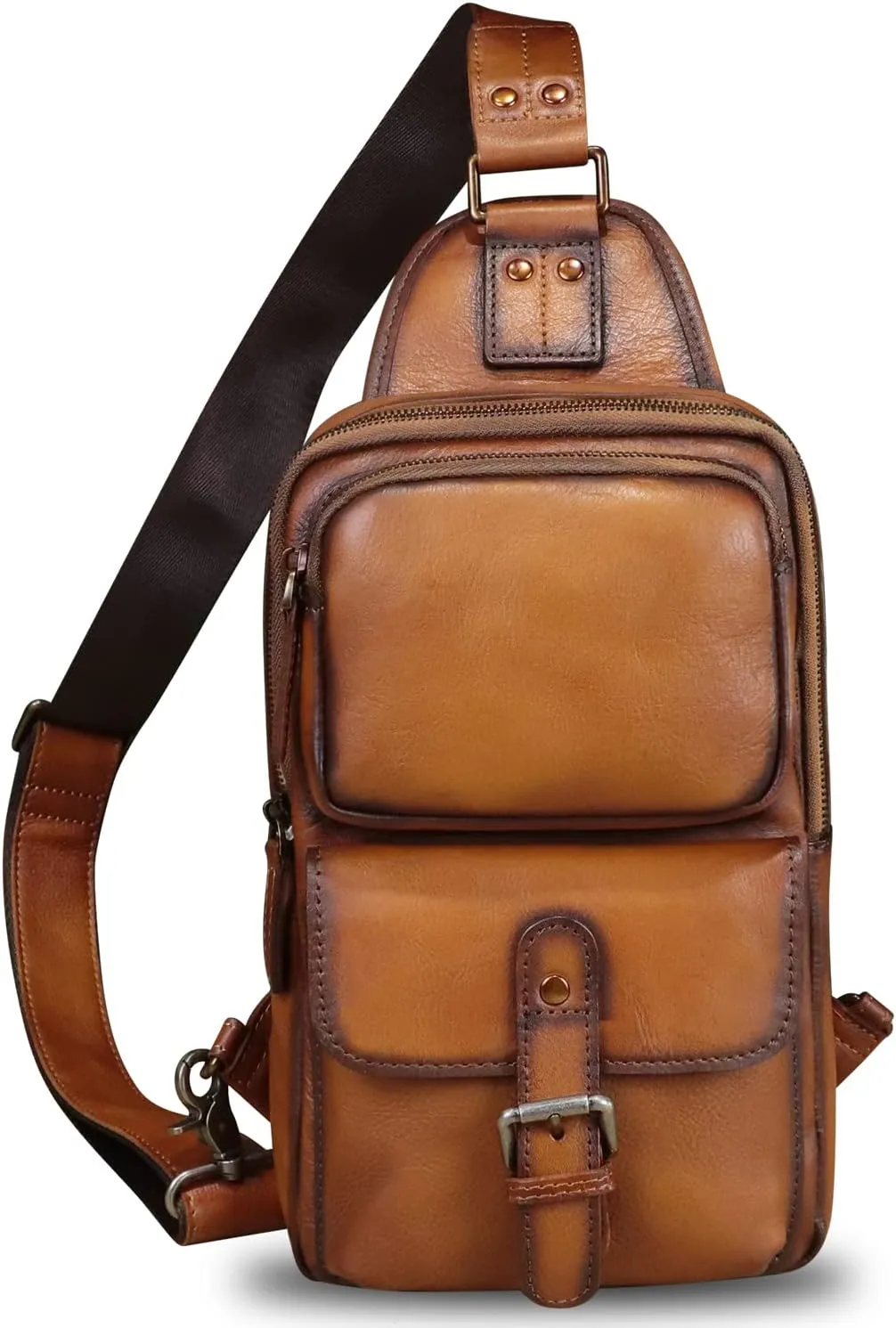LRTO Genuine Leather Sling Bag Crossbody Motorcycle Bag Handmade Hiking Chest Daypack Retro Shoulder Backpack (Brown)