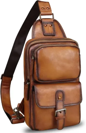 LRTO Genuine Leather Sling Bag Crossbody Motorcycle Bag Handmade Hiking Chest Daypack Retro Shoulder Backpack (Brown)