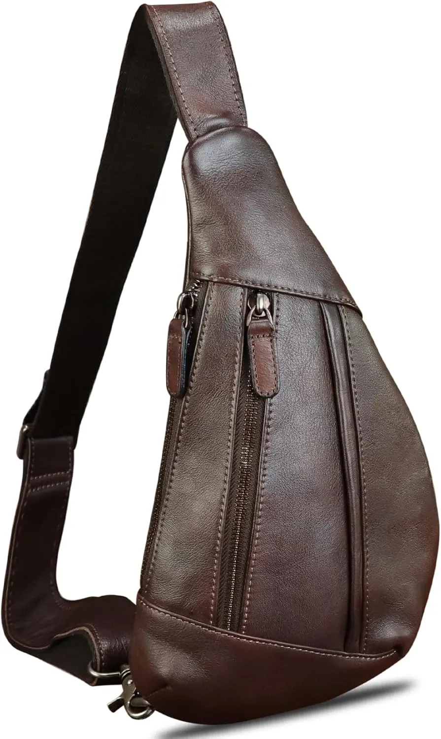 LRTO Genuine Leather Sling Bag for Men and Women Vintage Real Leather Crossbody Chest Bags Backpack Purse for Travel Hiking