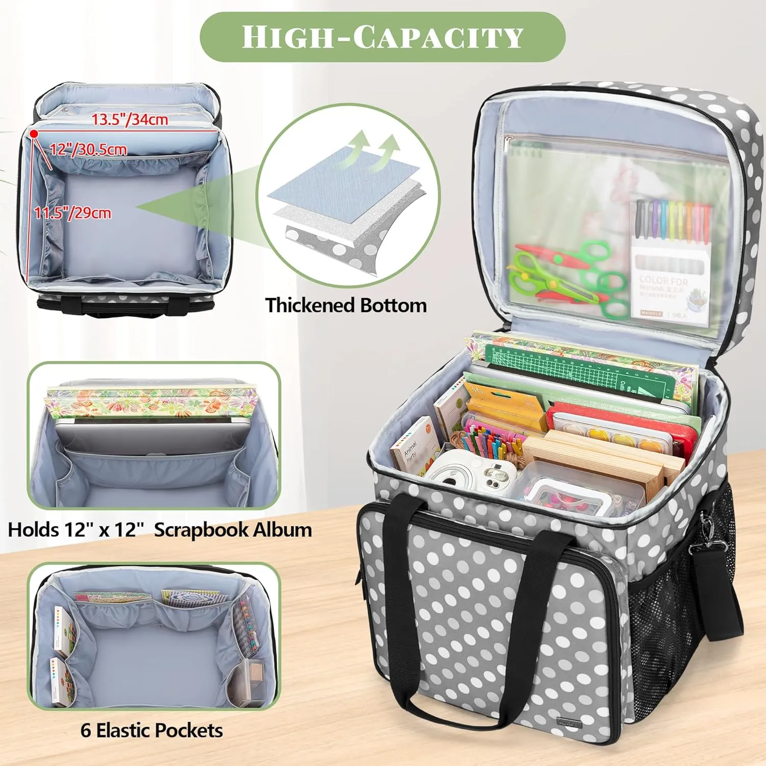 LUXJA Rolling Scrapbook Tote, Scrapbook Bag with Detachable Dolly (Patented Design), Gray Dots