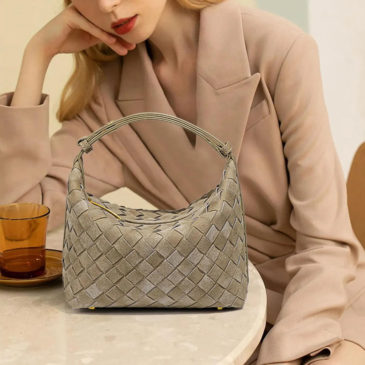 Luxurious Suede Hobo Bag - Women's Woven Leather Shoulder Bag with Spacious Interior
