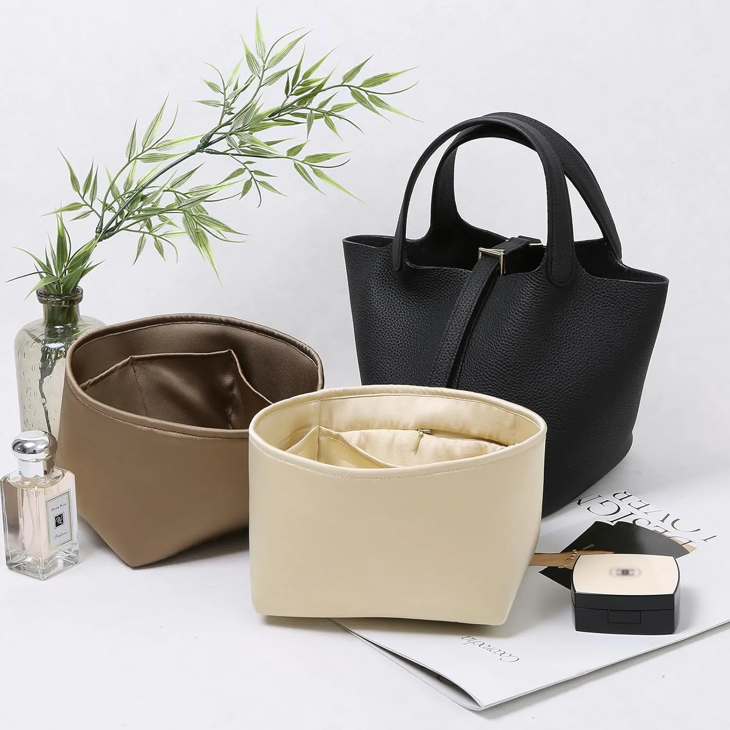 Luxury Silk Purse Organizer for Picotin18 - Silky Smooth Handbag Insert with Hidden Zipper, Lightweight and Supportive Tote Shaper for Elegant Storage（Craie）