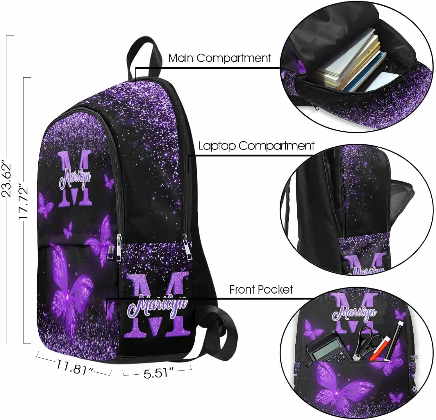 M YESCUSTOM Custom School Butterfly Backpack for Girls, Personalized Name Girls Bookbag Elementary Middle School Bags Travel Laptop Back Pack Casual Daypacks