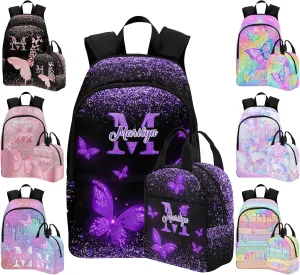 M YESCUSTOM Custom School Butterfly Backpack for Girls, Personalized Name Girls Bookbag Elementary Middle School Bags Travel Laptop Back Pack Casual Daypacks