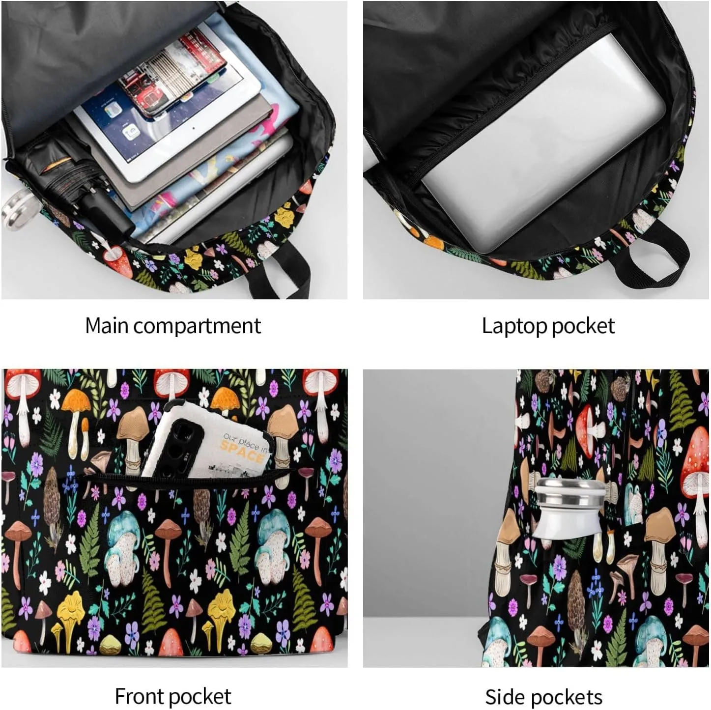 Magic Mushrooms Waterproof Backpack Adjustable Shoulder Straps Bag Large Capacity Casual Daypack Bookbag For Travel Work