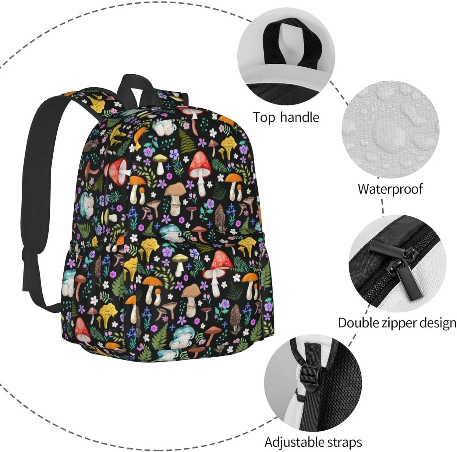 Magic Mushrooms Waterproof Backpack Adjustable Shoulder Straps Bag Large Capacity Casual Daypack Bookbag For Travel Work