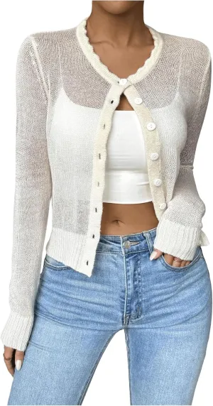 MakeMeChic Women's Button Down Mesh Sheer Cardigan Long Sleeve Crewneck Knit Sweater