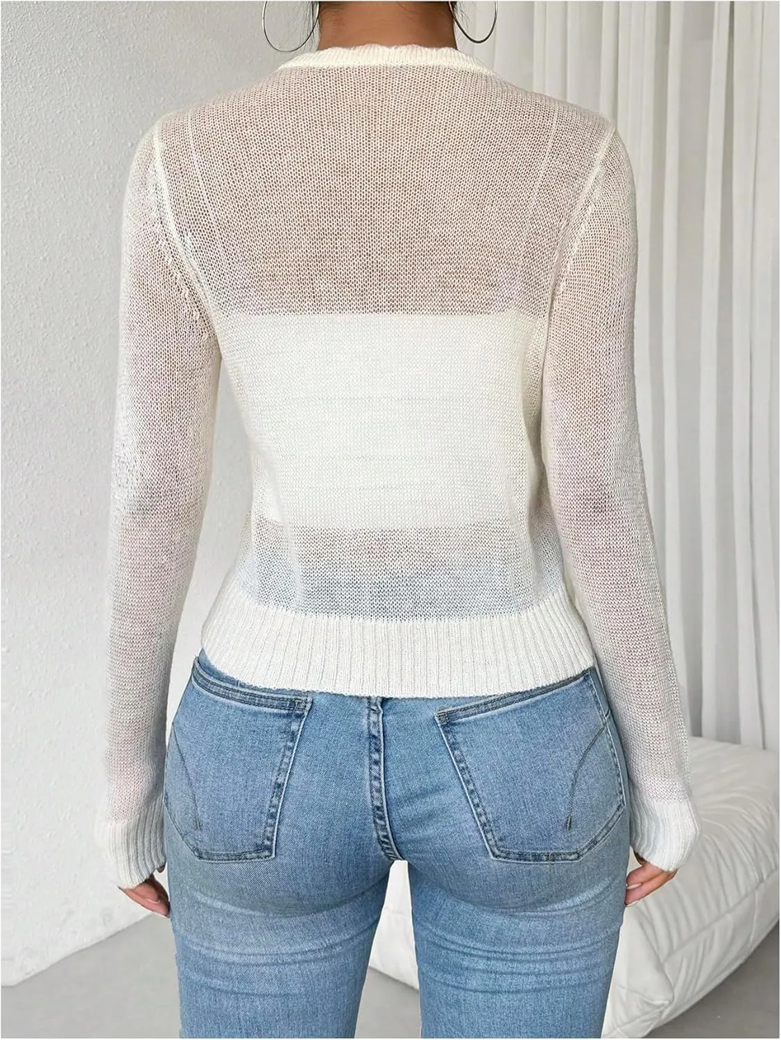 MakeMeChic Women's Button Down Mesh Sheer Cardigan Long Sleeve Crewneck Knit Sweater