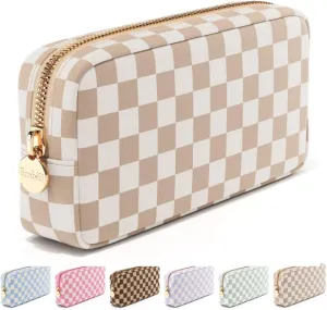 Makeup Bag Travel Cosmetics Pouch and Toiletry Bag, Nylon Zipper Pouch Purse, Cute Make Up Organizer Storage Tote for Women Girls, Travel Skincare Case, Small Makeup Case, Sand Checkered