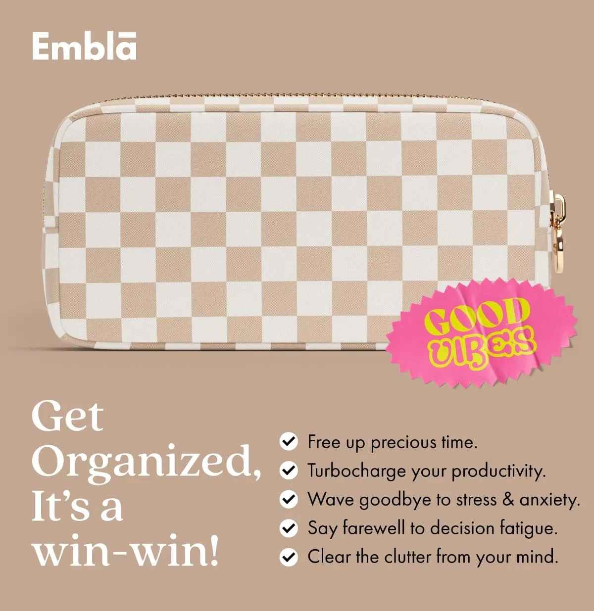 Makeup Bag Travel Cosmetics Pouch and Toiletry Bag, Nylon Zipper Pouch Purse, Cute Make Up Organizer Storage Tote for Women Girls, Travel Skincare Case, Small Makeup Case, Sand Checkered