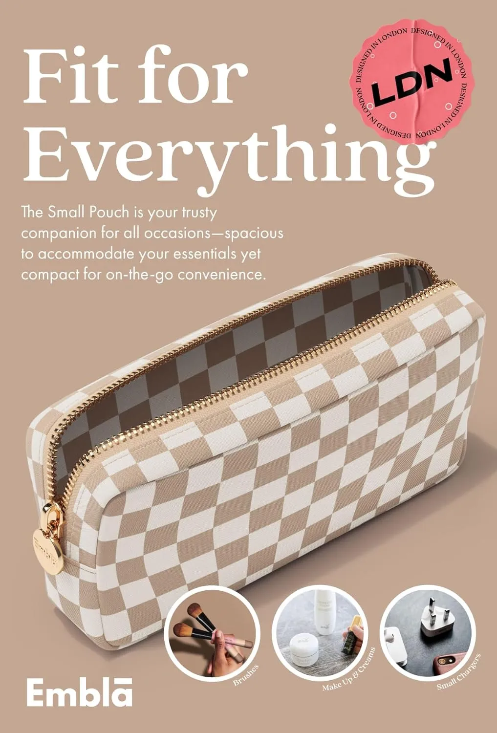 Makeup Bag Travel Cosmetics Pouch and Toiletry Bag, Nylon Zipper Pouch Purse, Cute Make Up Organizer Storage Tote for Women Girls, Travel Skincare Case, Small Makeup Case, Sand Checkered