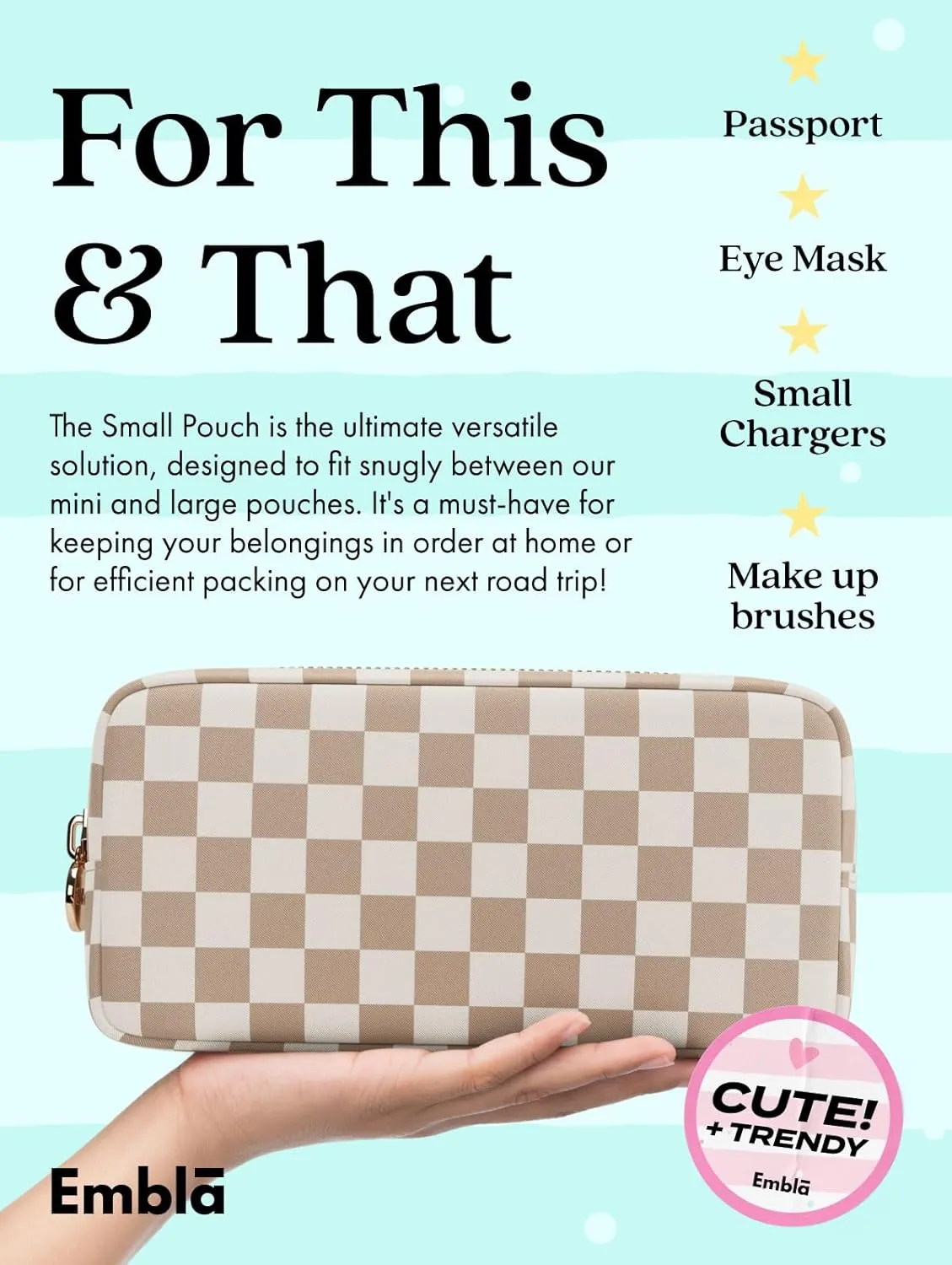 Makeup Bag Travel Cosmetics Pouch and Toiletry Bag, Nylon Zipper Pouch Purse, Cute Make Up Organizer Storage Tote for Women Girls, Travel Skincare Case, Small Makeup Case, Sand Checkered
