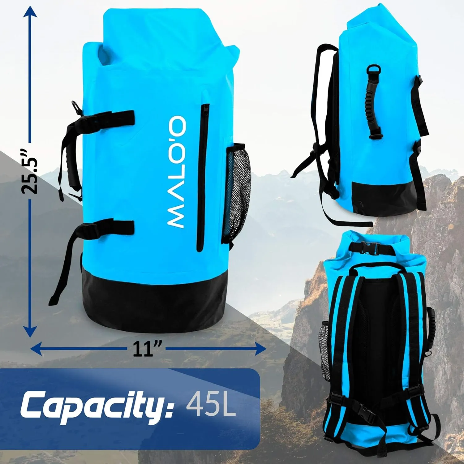 Malo'o 45L Waterproof Heavy Duty Backpack Dry Bags for Kayaking, Camping, Fishing, Hiking Daypack - Beach Accessories, Boat accessories, and Travel Gear - Fishing Rod Case Straps