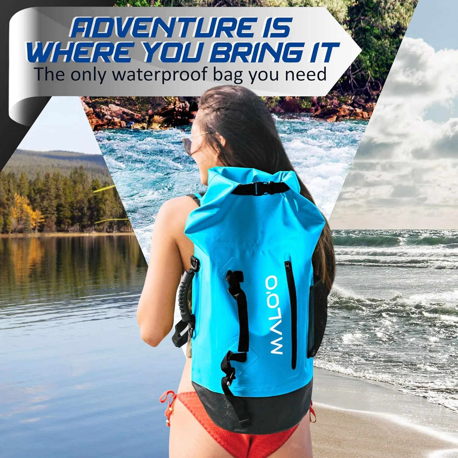 Malo'o 45L Waterproof Heavy Duty Backpack Dry Bags for Kayaking, Camping, Fishing, Hiking Daypack - Beach Accessories, Boat accessories, and Travel Gear - Fishing Rod Case Straps