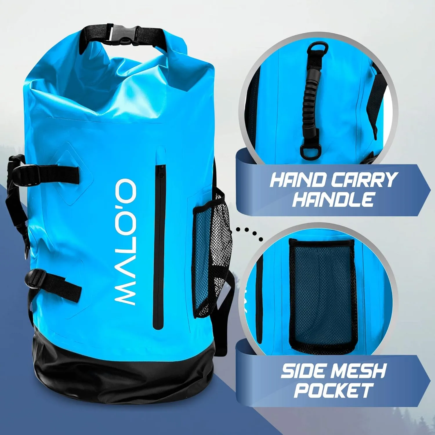 Malo'o 45L Waterproof Heavy Duty Backpack Dry Bags for Kayaking, Camping, Fishing, Hiking Daypack - Beach Accessories, Boat accessories, and Travel Gear - Fishing Rod Case Straps