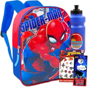 Marvel Spider-Man Backpack Set - Bundle with 15" Avengers Bag, Bottle, Tattoos, More | Spiderman School Supplies