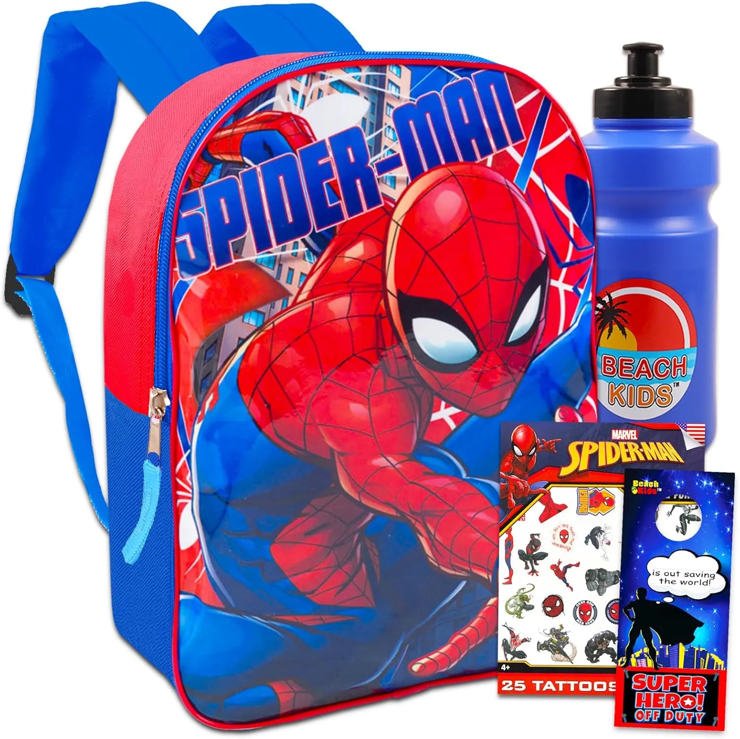 Marvel Spider-Man Backpack Set - Bundle with 15" Avengers Bag, Bottle, Tattoos, More | Spiderman School Supplies