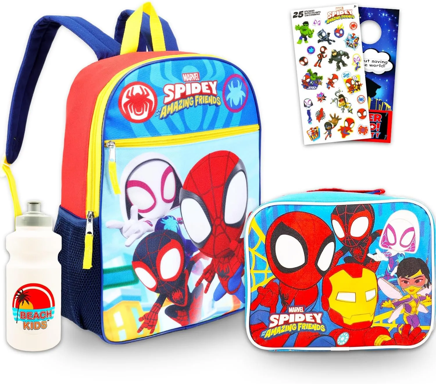 Marvel Spidey and His Amazing Friends Backpack Set - 5 Pc Spiderman School Supplies Bundle with 16” Backpack for Kids, Spidey Lunch Bag, Water Bottle, Stickers, and More | Spiderman Bag Pack