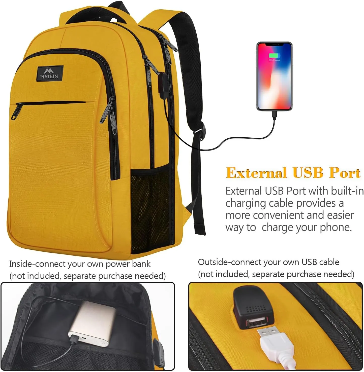 MATEIN College Backpack, Extra Large TSA Friendly Carry On 17.3 Inch Laptop Backpack with USB Charging Port, Anti Theft Flight Approved Business Work Travel Computer Backpack Bagfor Women Men, Yellow