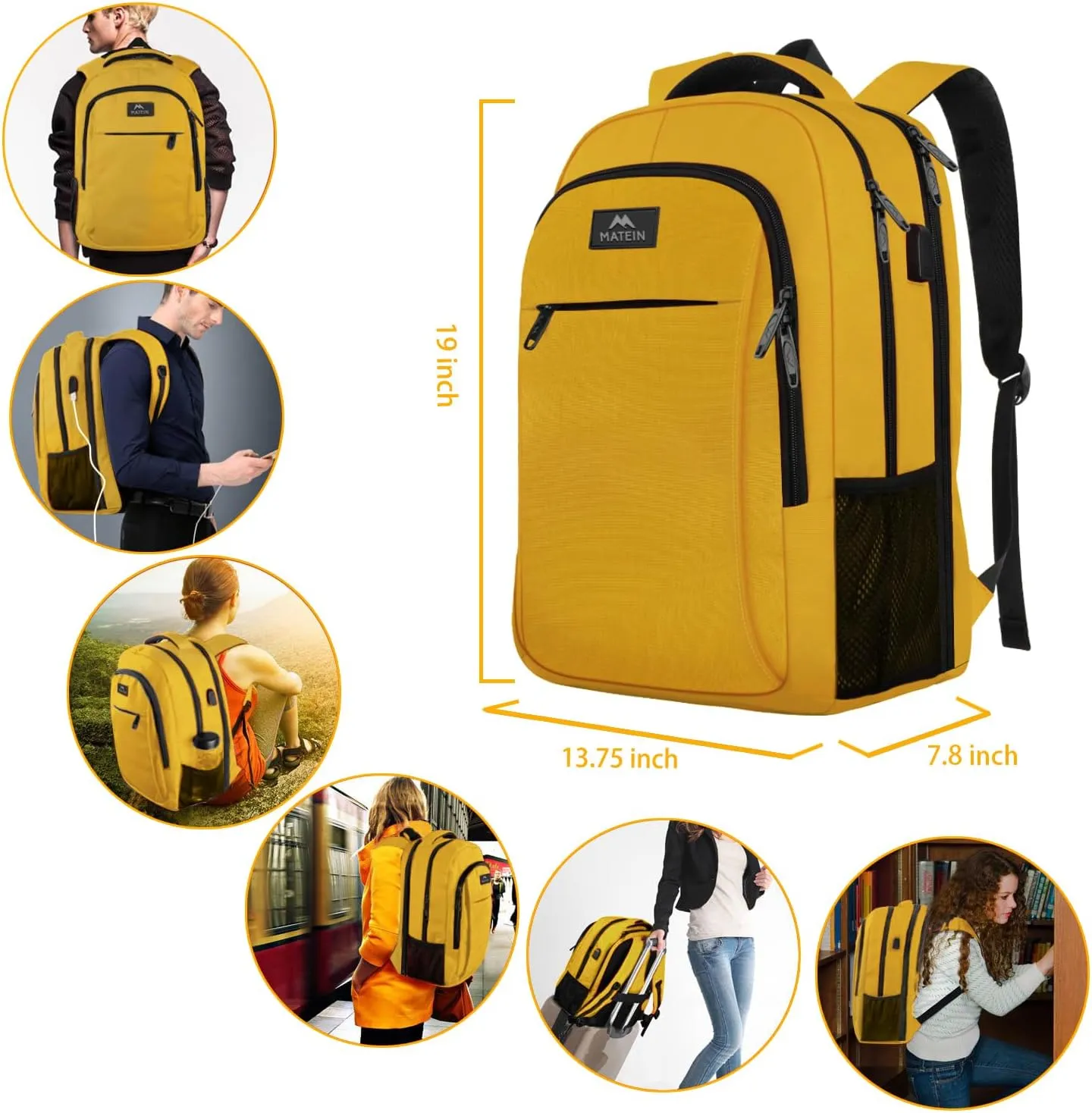 MATEIN College Backpack, Extra Large TSA Friendly Carry On 17.3 Inch Laptop Backpack with USB Charging Port, Anti Theft Flight Approved Business Work Travel Computer Backpack Bagfor Women Men, Yellow