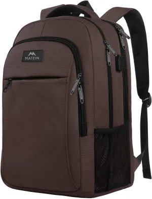 MATEIN Laptop Backpack, Extra Large TSA Friendly 17.3 Inch Travel Computer Backpack with USB Charging Port, Anti Theft Carry On Flight Approved Business Work College Backpack Bag for Men Women, Brown