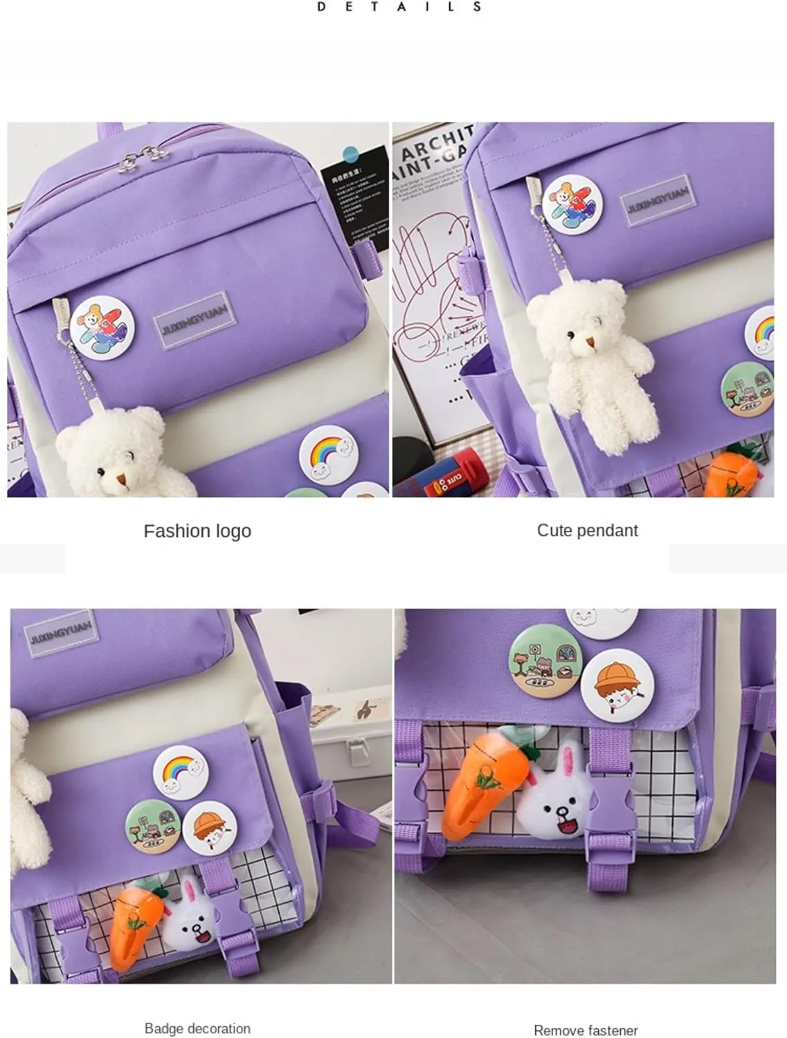 MAVERY 5-piece Kawaii backpack, laptop bag, teenage boys and girls schoolbag, multifunctional handbag (Purple 1), AH-963
