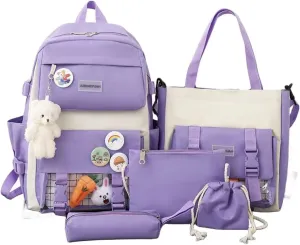MAVERY 5-piece Kawaii backpack, laptop bag, teenage boys and girls schoolbag, multifunctional handbag (Purple 1), AH-963