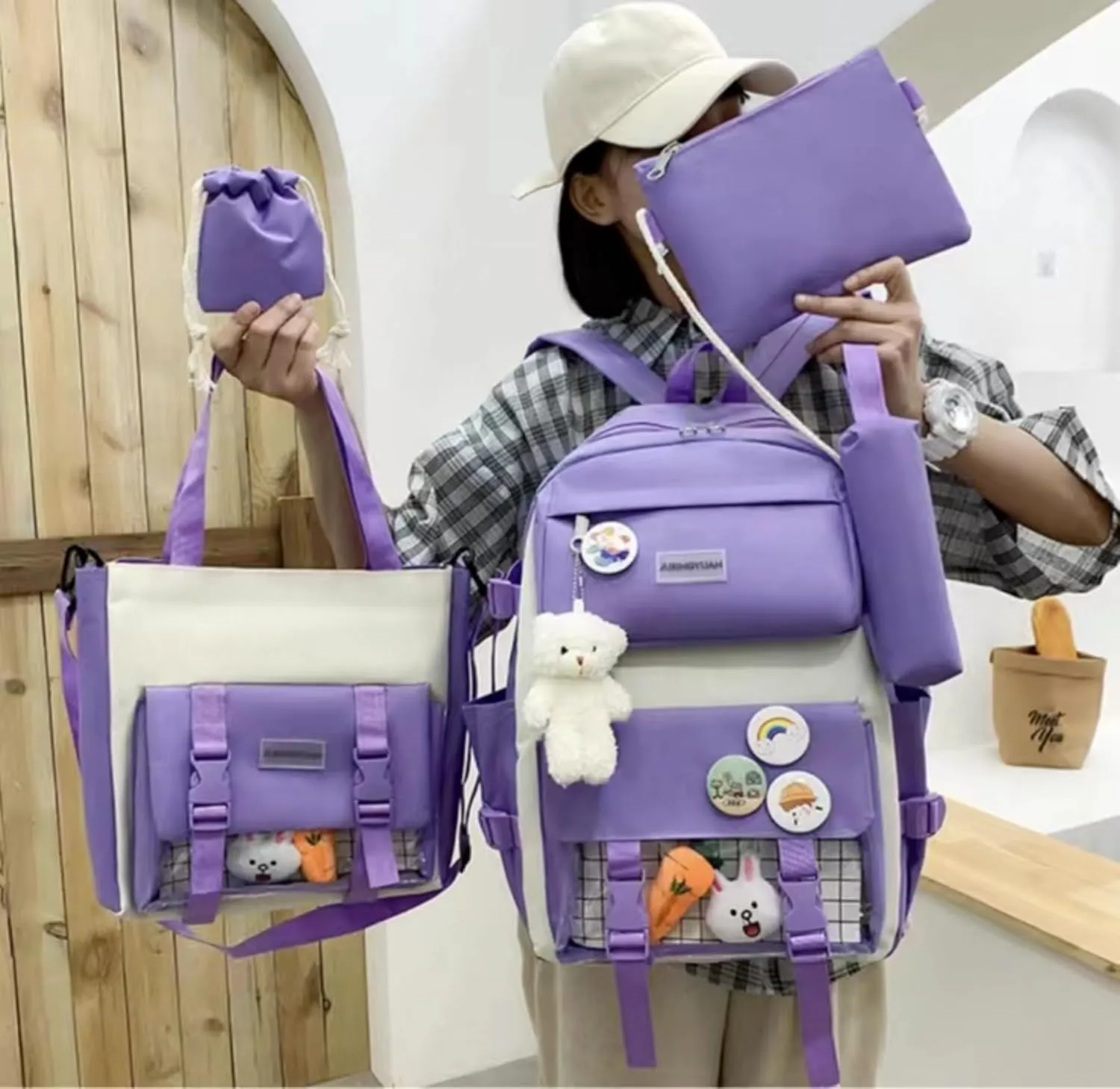 MAVERY 5-piece Kawaii backpack, laptop bag, teenage boys and girls schoolbag, multifunctional handbag (Purple 1), AH-963