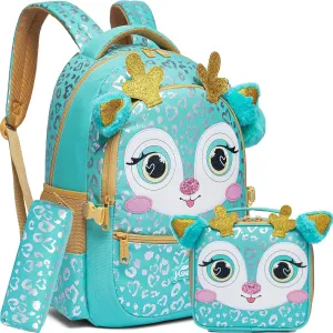 Meetbelify Backpacks for Girls School Backpacks with Lunch Box for Elementary Preschool Students Girls Backpacks Ages 8-10 Kids Travel Backpack 3 in 1 Bookbag Set for Girls, Deer