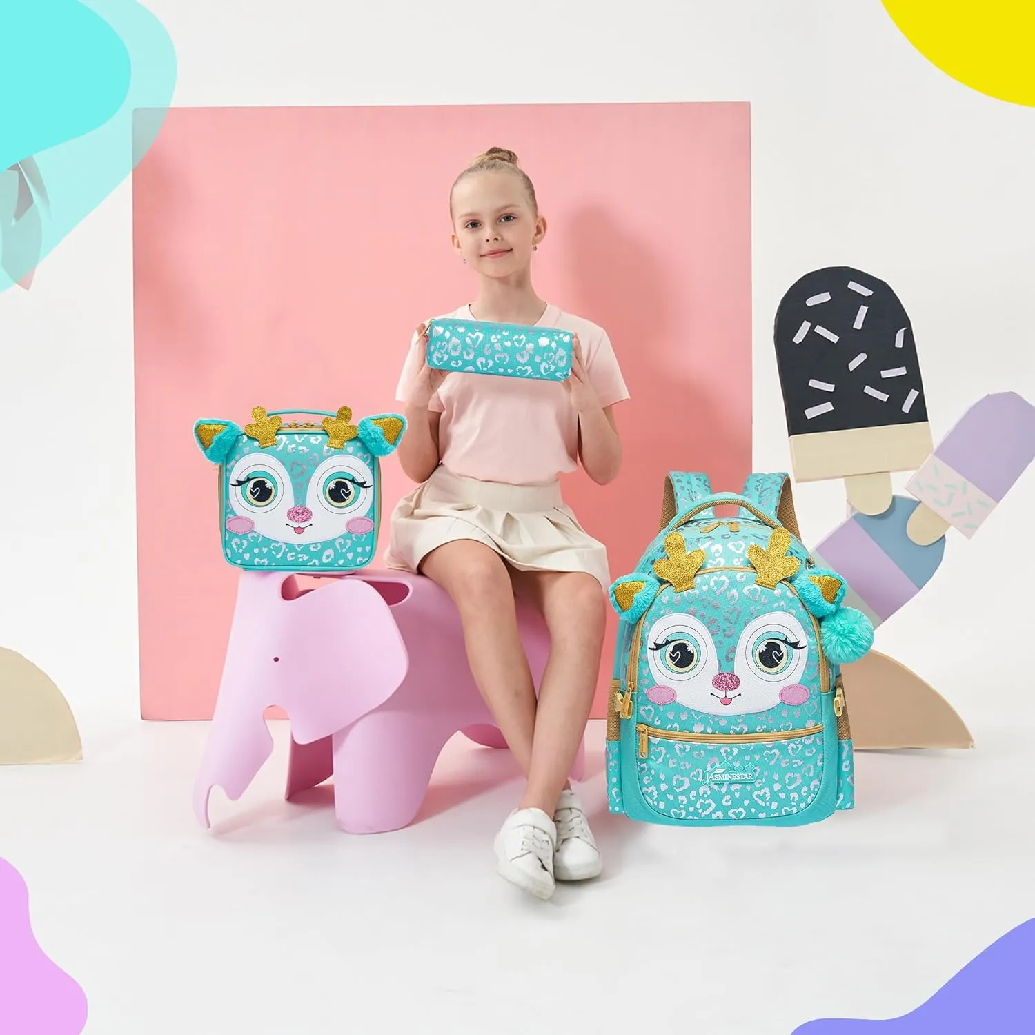 Meetbelify Backpacks for Girls School Backpacks with Lunch Box for Elementary Preschool Students Girls Backpacks Ages 8-10 Kids Travel Backpack 3 in 1 Bookbag Set for Girls, Deer