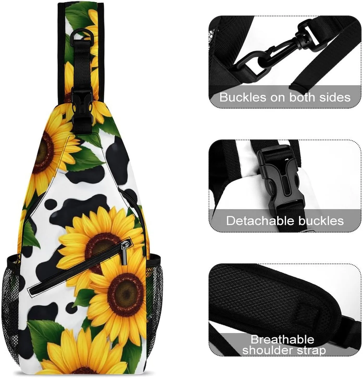 Men & Women Sling Backpack Satchel Bookbags Travel Rucksack Daypack - Multipurpose Anti-Theft Tool Backpack, Crossbody Chest Rucksack, 80S Vintage Sunflower Cow Print
