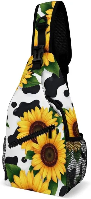 Men & Women Sling Backpack Satchel Bookbags Travel Rucksack Daypack - Multipurpose Anti-Theft Tool Backpack, Crossbody Chest Rucksack, 80S Vintage Sunflower Cow Print