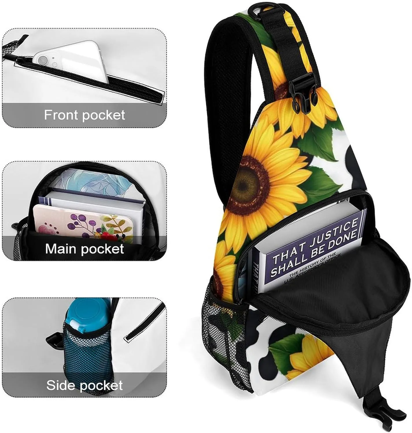 Men & Women Sling Backpack Satchel Bookbags Travel Rucksack Daypack - Multipurpose Anti-Theft Tool Backpack, Crossbody Chest Rucksack, 80S Vintage Sunflower Cow Print