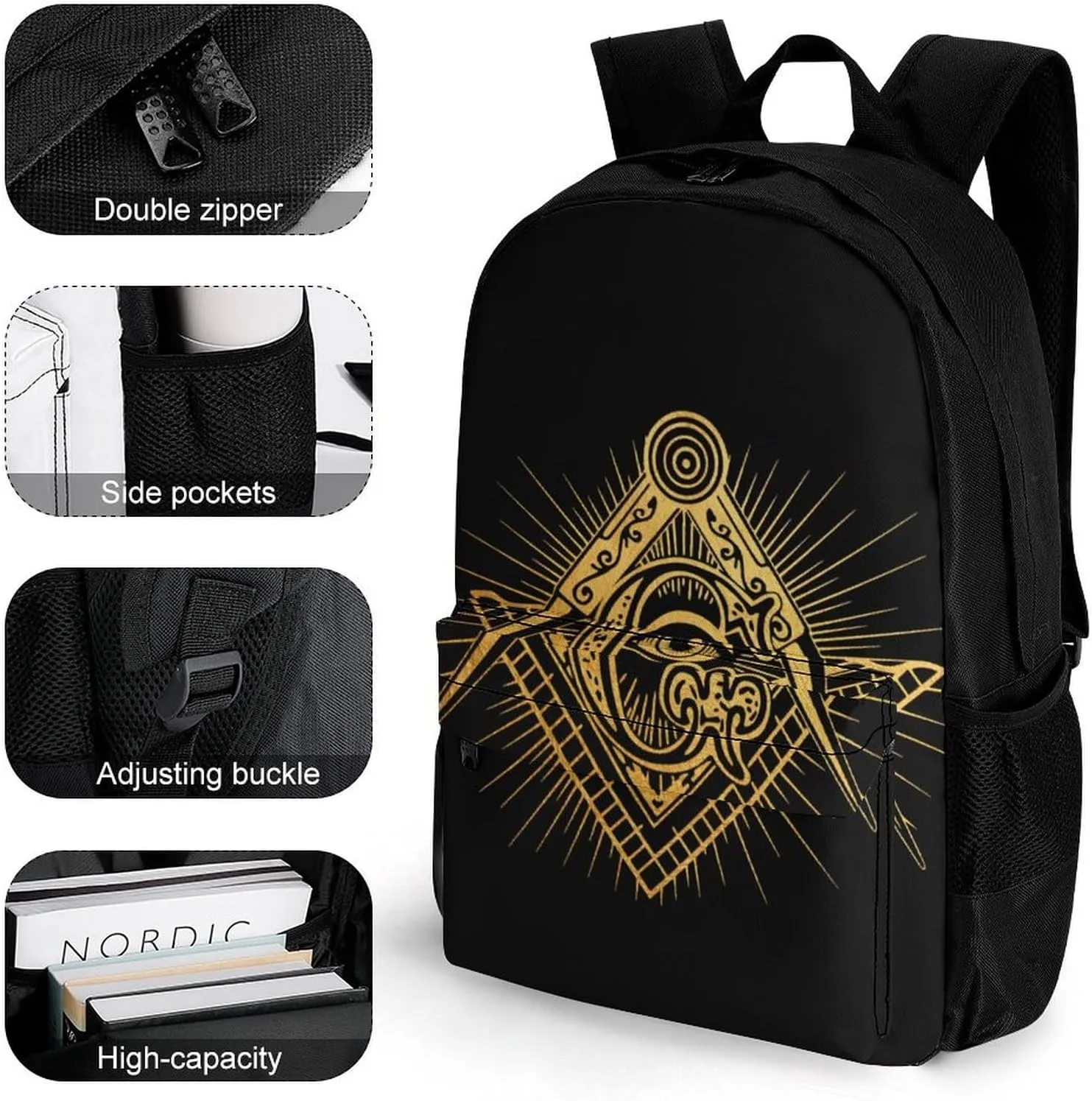 Men Women Polyester Golden Masonic Faith Hope And Charity Freemason Eyes Sign Art Daypack Big Capacity Shoulder Bag With Adjustable Shoulder Straps for Camping Travel Walking Cycling
