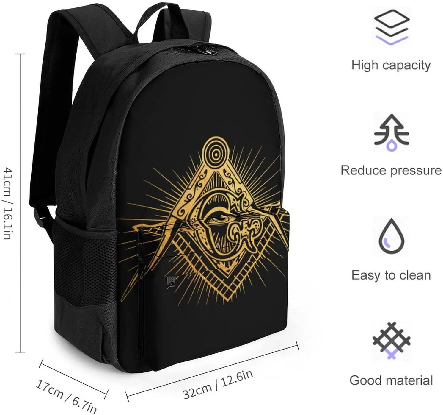 Men Women Polyester Golden Masonic Faith Hope And Charity Freemason Eyes Sign Art Daypack Big Capacity Shoulder Bag With Adjustable Shoulder Straps for Camping Travel Walking Cycling
