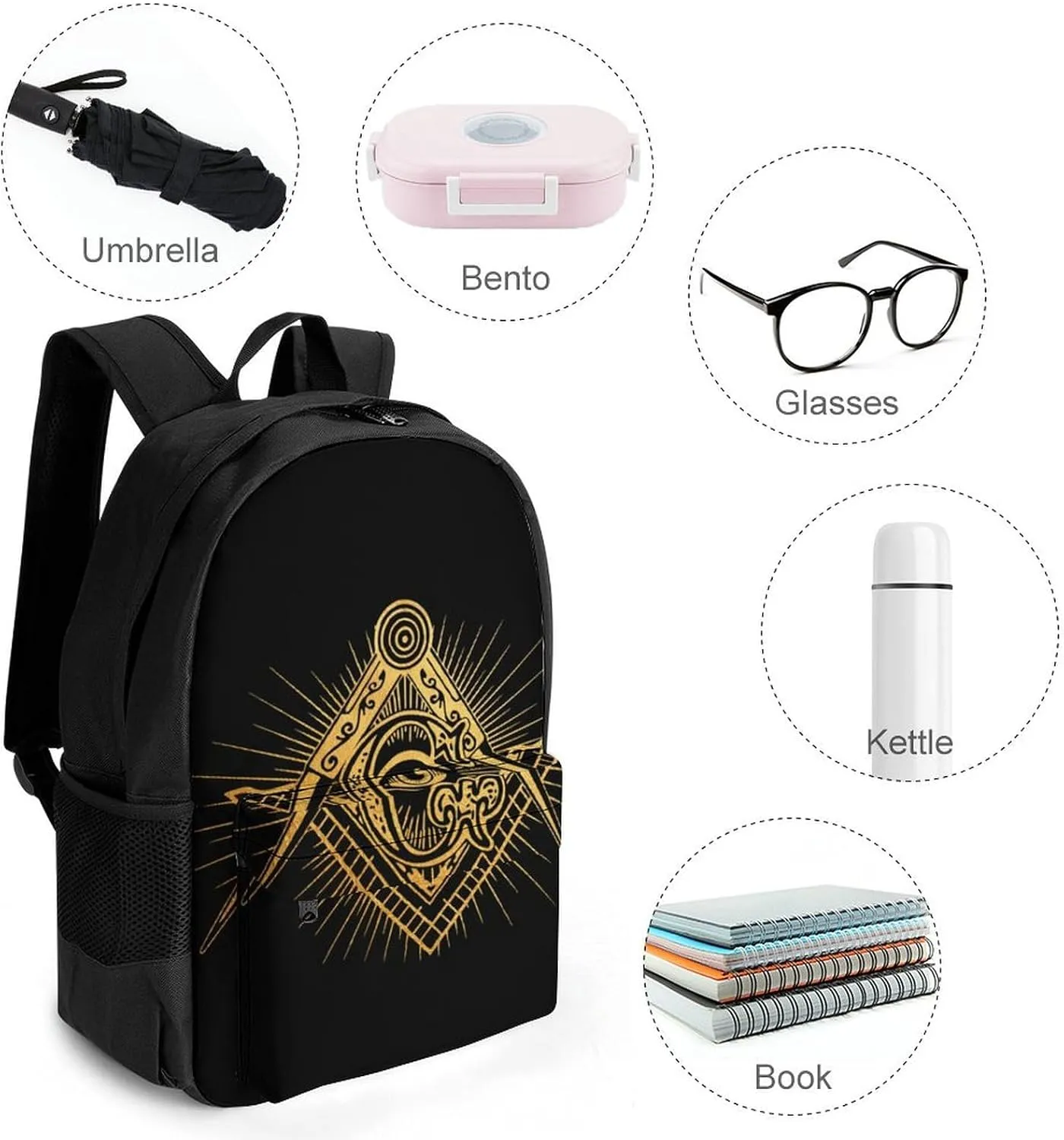 Men Women Polyester Golden Masonic Faith Hope And Charity Freemason Eyes Sign Art Daypack Big Capacity Shoulder Bag With Adjustable Shoulder Straps for Camping Travel Walking Cycling
