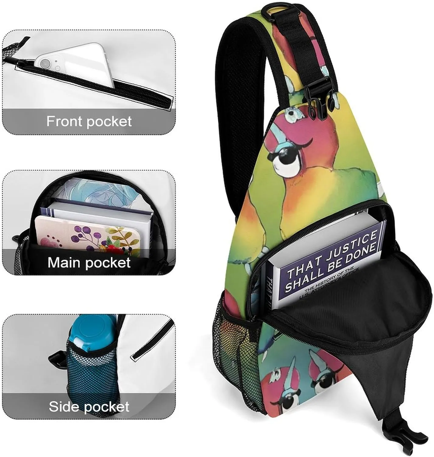 Men Women Sling Shoulder Backpack Foldable Unbalance Shoulder Chest Crossbody Bag - Rainbow Alpaca Art Anti-Theft Multipurpose Rucksack Bookbag Backpack