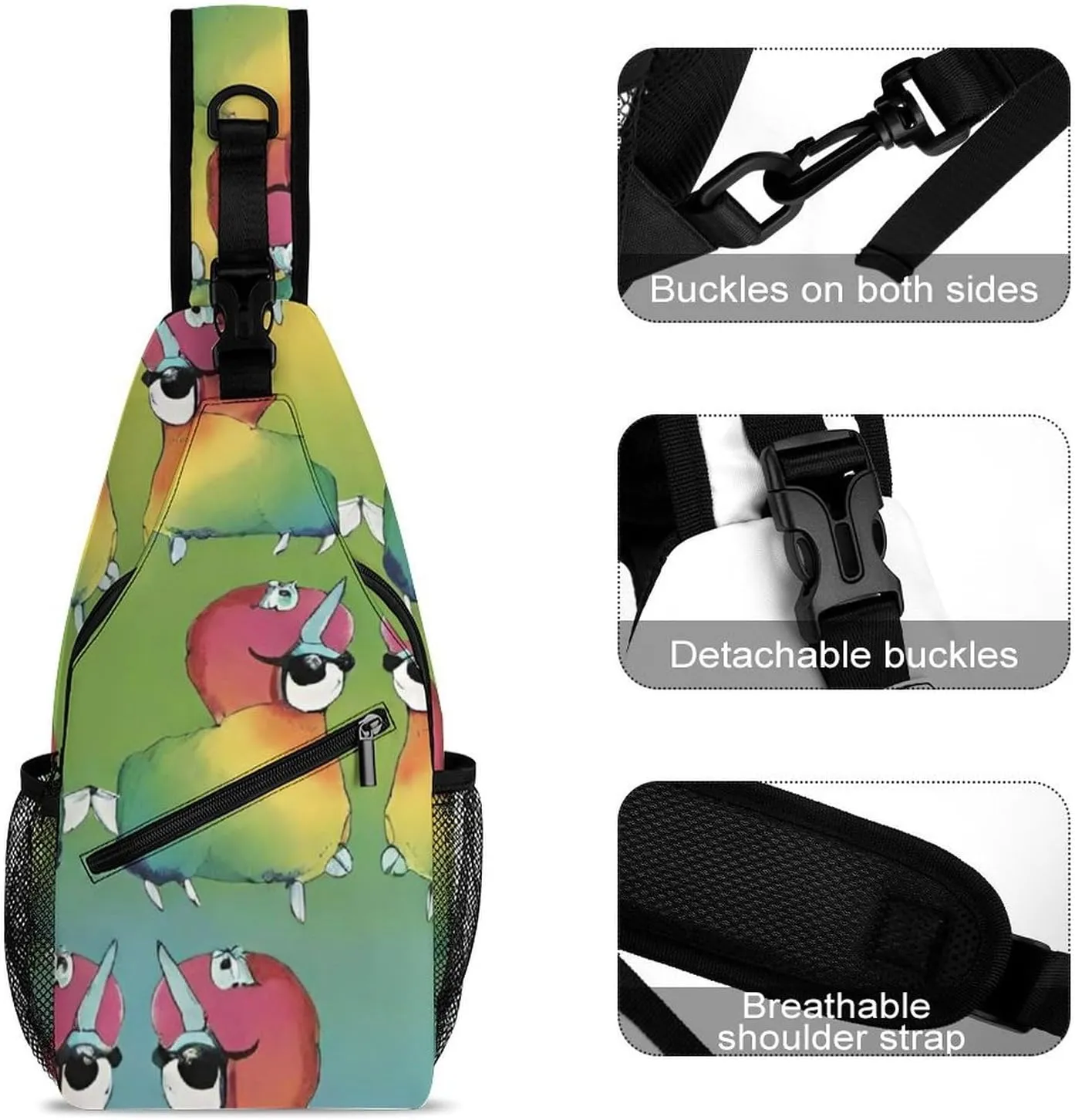 Men Women Sling Shoulder Backpack Foldable Unbalance Shoulder Chest Crossbody Bag - Rainbow Alpaca Art Anti-Theft Multipurpose Rucksack Bookbag Backpack