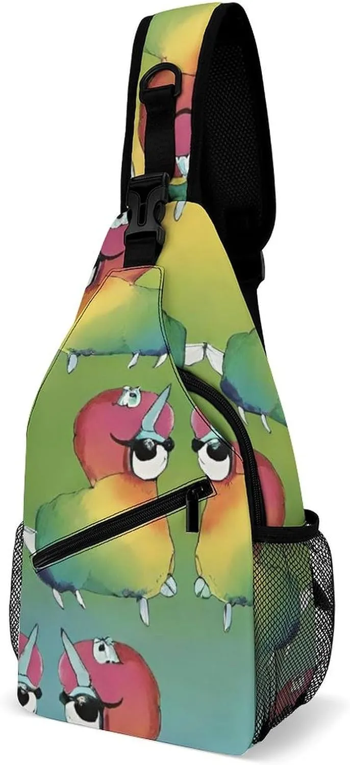 Men Women Sling Shoulder Backpack Foldable Unbalance Shoulder Chest Crossbody Bag - Rainbow Alpaca Art Anti-Theft Multipurpose Rucksack Bookbag Backpack