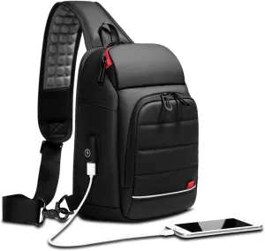 Men’s Sling Bag, Crossbody Nylon Shoulder Backpack with USB Charging Port, Vintage Chest Bag Gift for Men (black)