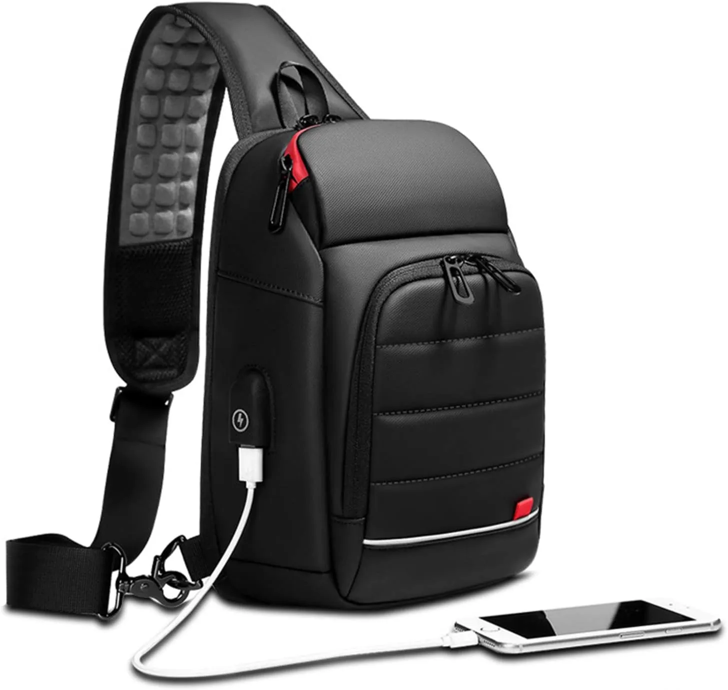 Men’s Sling Bag, Crossbody Nylon Shoulder Backpack with USB Charging Port, Vintage Chest Bag Gift for Men (black)