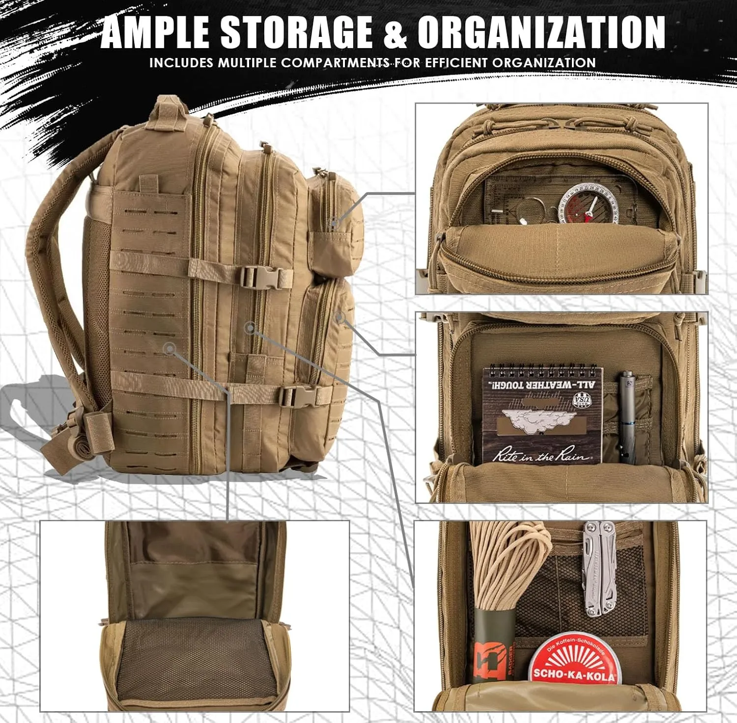 Military Tactical Backpack for Men 35L Small Molle System Water Resistant 3 Day Survival Assault Pack for Bug Out Bag Rucksack Travel Hiking Camping Gym Range Trekking Hunting Sport Work (Tan)