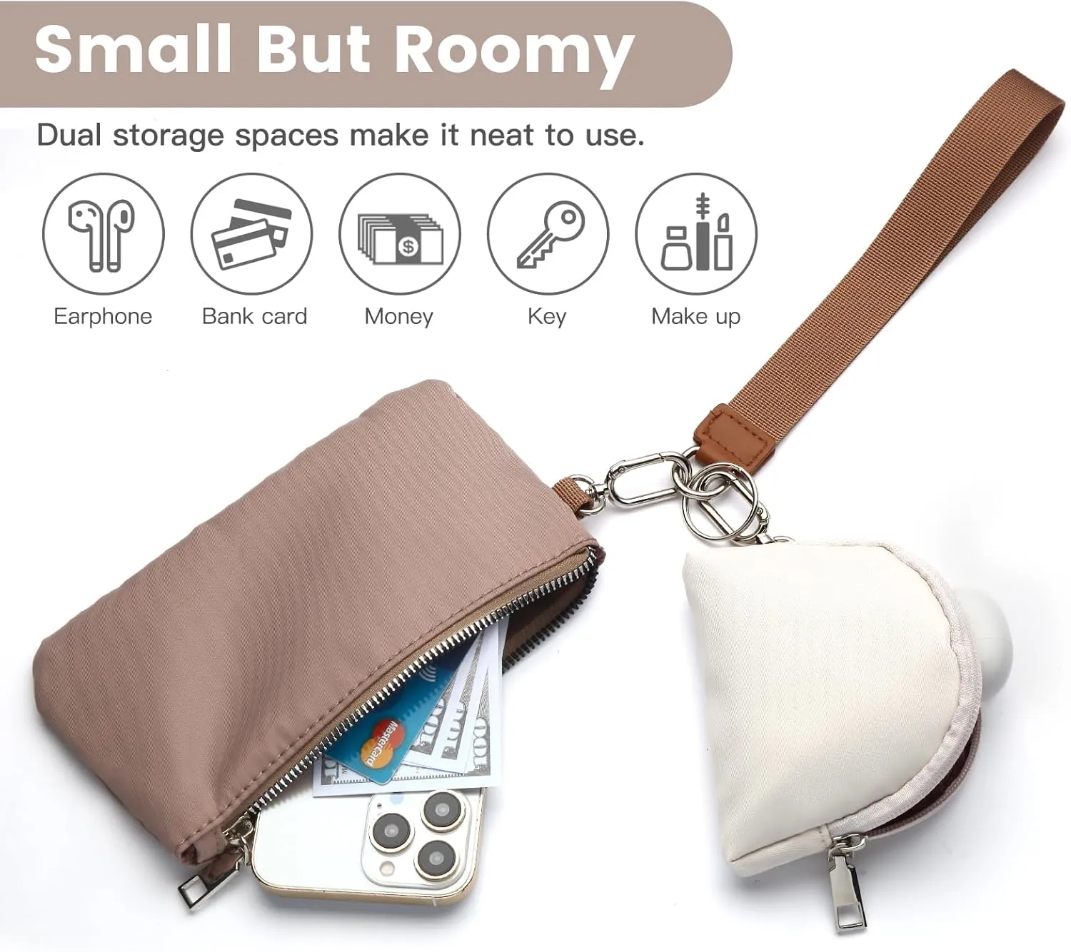 Mini Zip Around Wristlet Keychain Wallet for Women Detachable Dual Pouch Wristlet Portable Phone Coin Purse Coin Pocket (Khaki Brown)