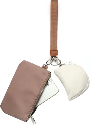 Mini Zip Around Wristlet Keychain Wallet for Women Detachable Dual Pouch Wristlet Portable Phone Coin Purse Coin Pocket (Khaki Brown)