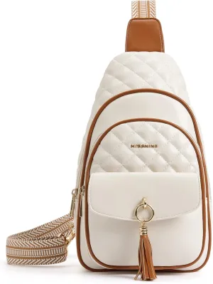 Missnine PU Leather Sling Bag for Women Crossbody Fanny Pack Quilted Chest Purse Trendy Travel Bag for Hiking Cycling with Tassel