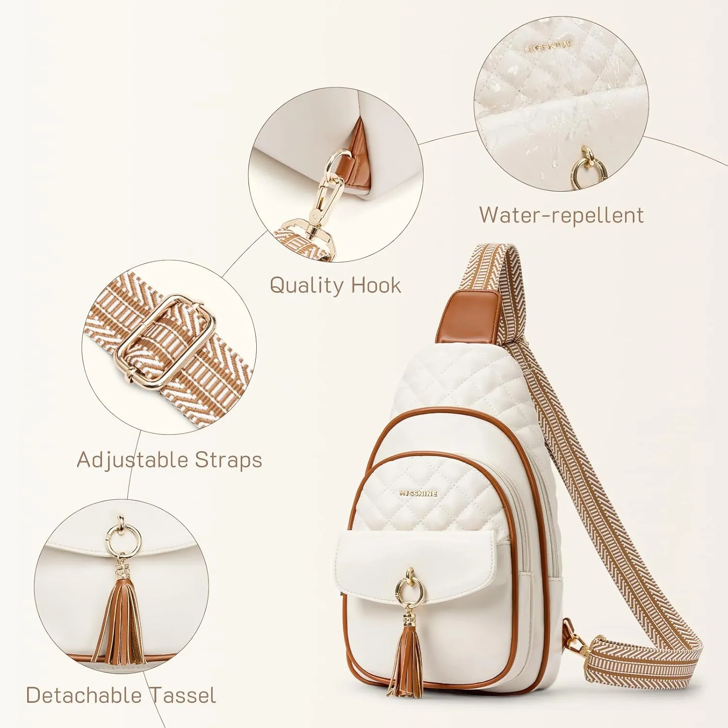 Missnine PU Leather Sling Bag for Women Crossbody Fanny Pack Quilted Chest Purse Trendy Travel Bag for Hiking Cycling with Tassel