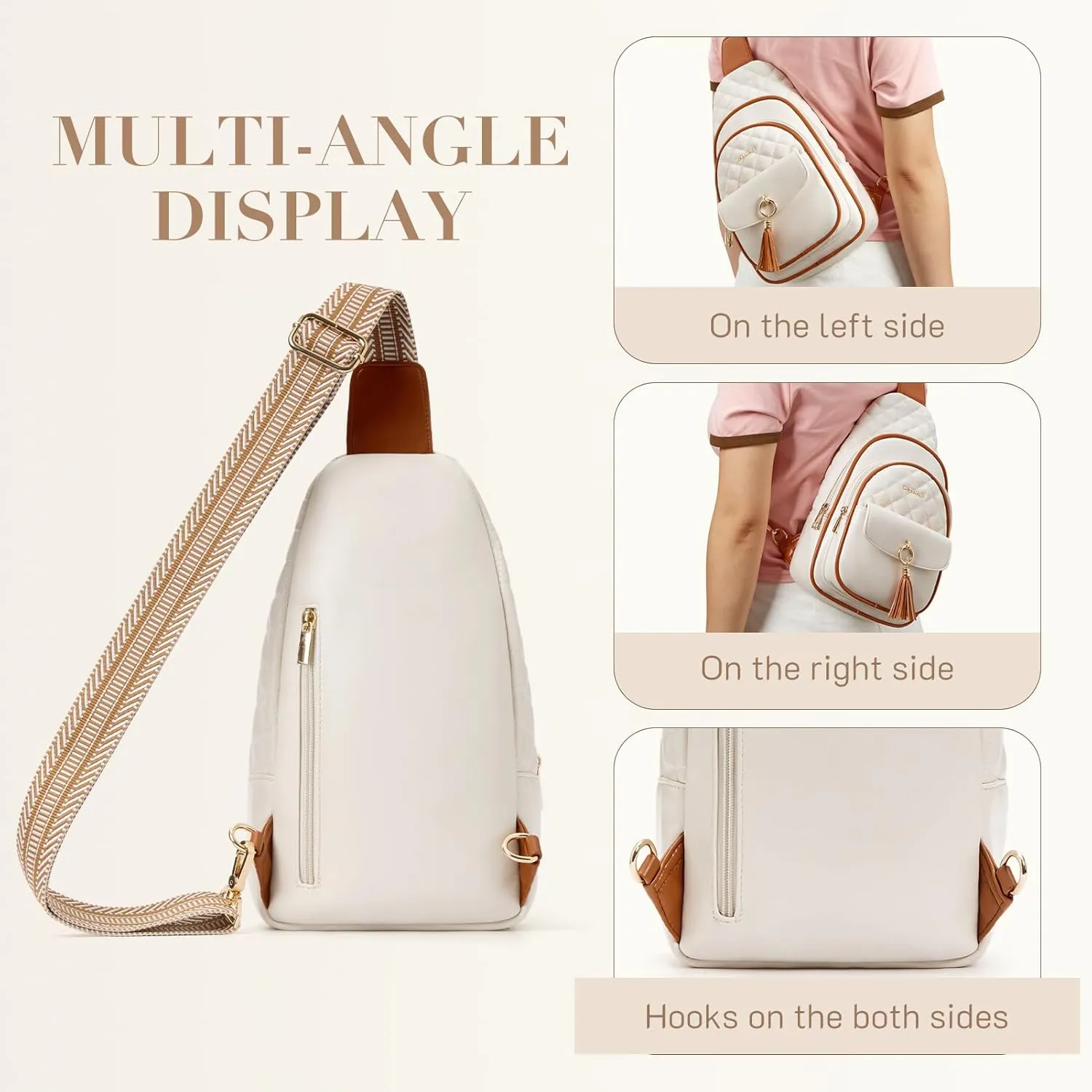 Missnine PU Leather Sling Bag for Women Crossbody Fanny Pack Quilted Chest Purse Trendy Travel Bag for Hiking Cycling with Tassel