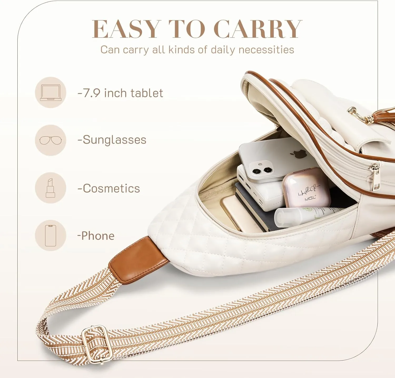 Missnine PU Leather Sling Bag for Women Crossbody Fanny Pack Quilted Chest Purse Trendy Travel Bag for Hiking Cycling with Tassel