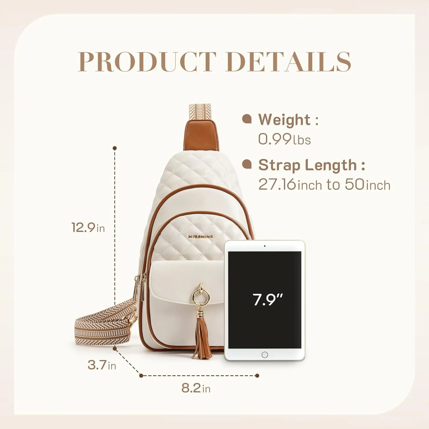 Missnine PU Leather Sling Bag for Women Crossbody Fanny Pack Quilted Chest Purse Trendy Travel Bag for Hiking Cycling with Tassel